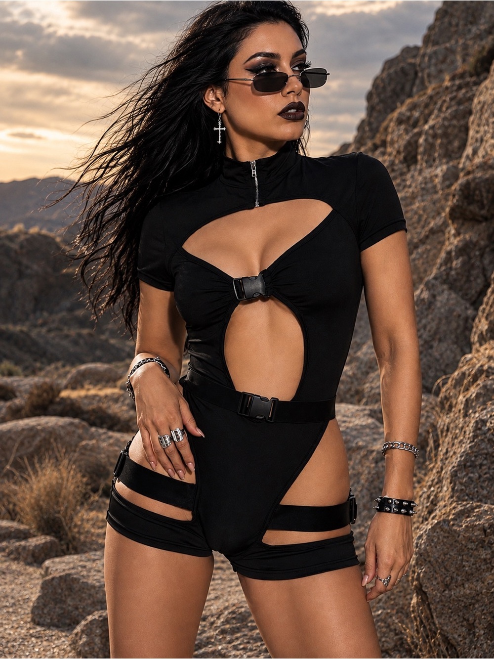Black Cutout Buckle Short-Sleeve Bodysuit